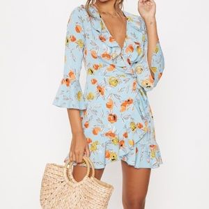 Turquoise floral printed frill wrap tea dress